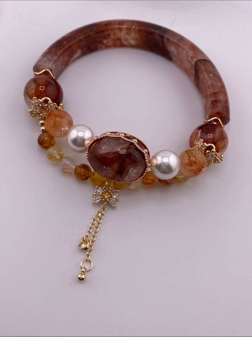 Red Fire Quartz Half Bangle Gemstone Bracelet with Pearl & Bow Tassel Accents